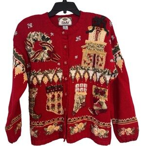 Tiara International Vintage Not Ugly Christmas Sweater Knit Crochet embroidered